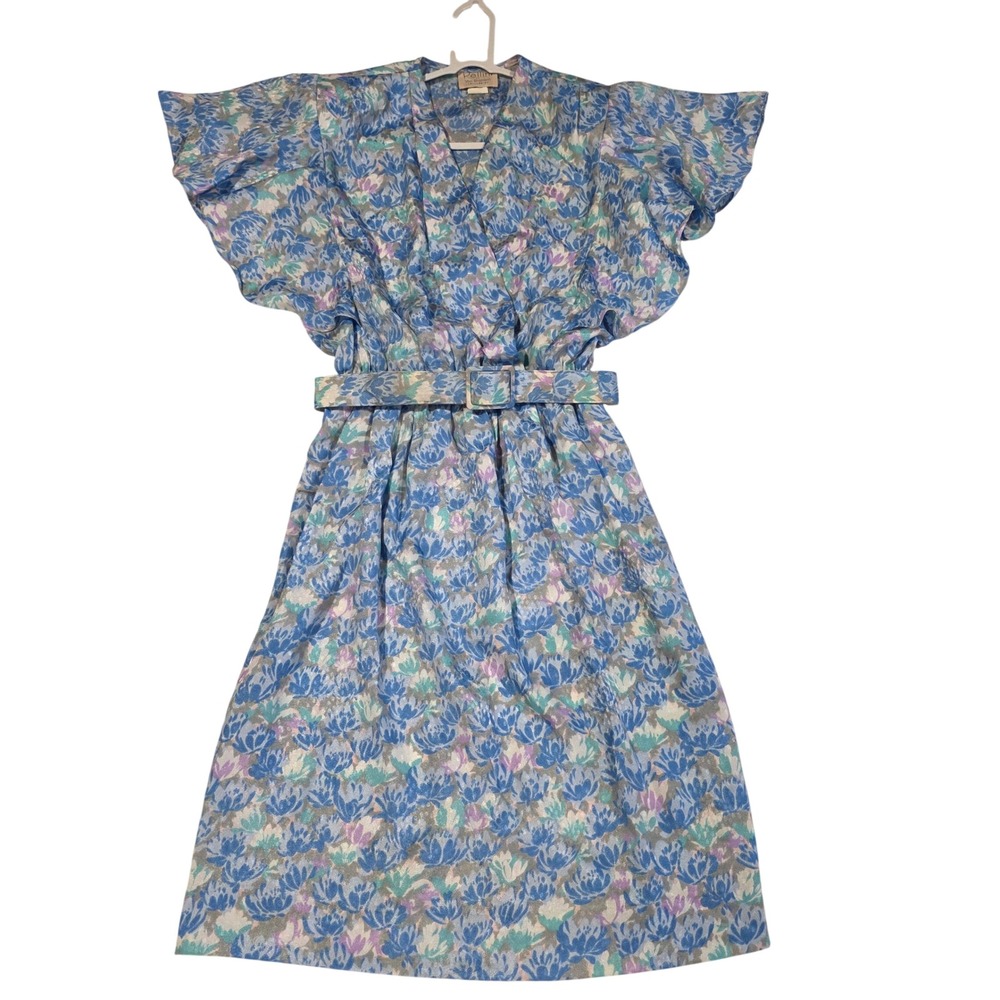 Vintage 80s Pellini Bramlett Blue Floral Flutter Sleeve Belted Midi Dress 5 6
